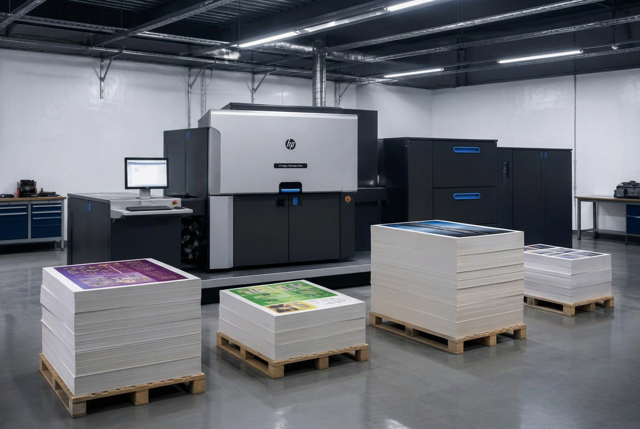 Prensa digital HP Indigo y pallets de pliegos impresos en la planta Donnebaum